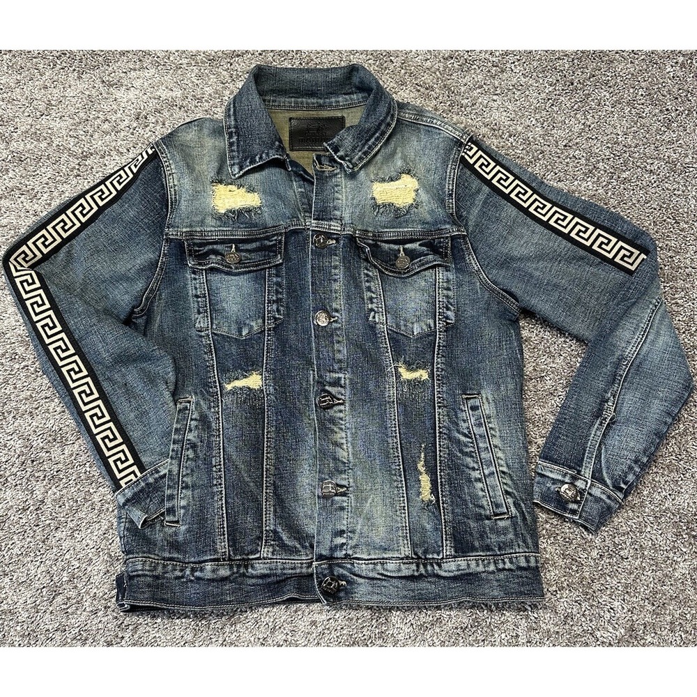Damati Large Designer Luxury‎ Inspired Sleeve Accent Distressed Jean Jacket